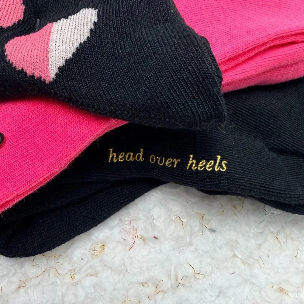 Kate Spade New York 3‎ Pack Crew Socks Black Pink Heart Head Over Heels